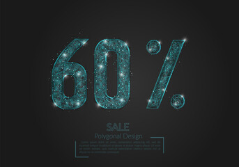 Abstract isolated blue 60 percent sale concept. Polygonal illustration looks like stars in the blask night sky in spase or flying glass shards. Digital design for website, web, internet. © Katsiaryna