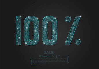 Abstract isolated blue 100 percent sale concept. Polygonal illustration looks like stars in the blask night sky in spase or flying glass shards. Digital design for website, web, internet. © Katsiaryna