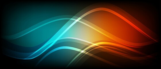 Neon abstract background. Luminous wave design. Chaotic curved lines, sea wave pattern. LED strip.  Dright glow. Gradient color transitions. Vector illustration. Poster technology, social networks