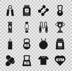 Set Fitness gym heart, Sports nutrition, Award cup, Dumbbell, Smartwatch, expander and Jump rope icon. Vector
