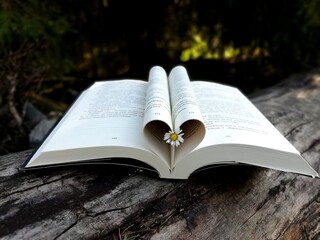 Fototapeta premium An open book with a flower inside lying on a log in the park. 