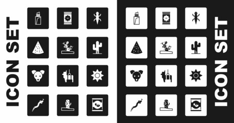 Set Lizard, Cactus, Nachos, Burrito, Mexican carpet, Sun and Dog icon. Vector