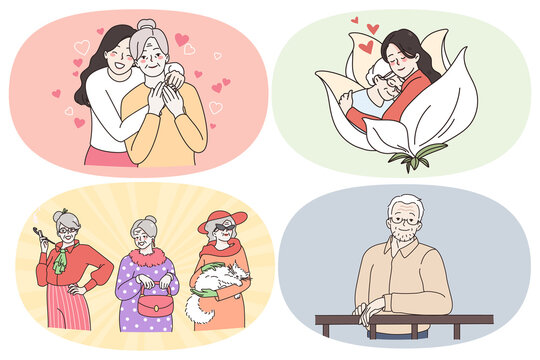Happy grandparents getting care concept. Set of positive smiling mature people grandparents hugging grandkids feeling support and love wearing fashionable clothes vector illustration
