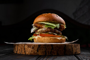 Delicious grilled burger on dark background. concept diet food, take away, healthy fast food, space...