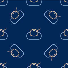 Line Mochi icon isolated seamless pattern on blue background. Japanese traditional weet soft dessert. Ball of rice flour with bean paste. Vector