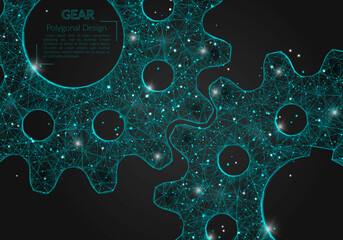 Abstract isolated blue image of a gear. Polygonal illustration looks like stars in the blask night sky in spase or flying glass shards. Digital design for website, web, internet © Katsiaryna
