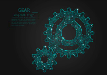 Abstract isolated blue image of a gear. Polygonal illustration looks like stars in the blask night sky in spase or flying glass shards. Digital design for website, web, internet © Katsiaryna