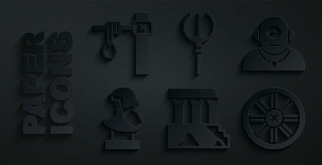 Set Parthenon, Cyclops, Ancient bust sculpture, Old wooden wheel, Neptune Trident and Gallows icon. Vector