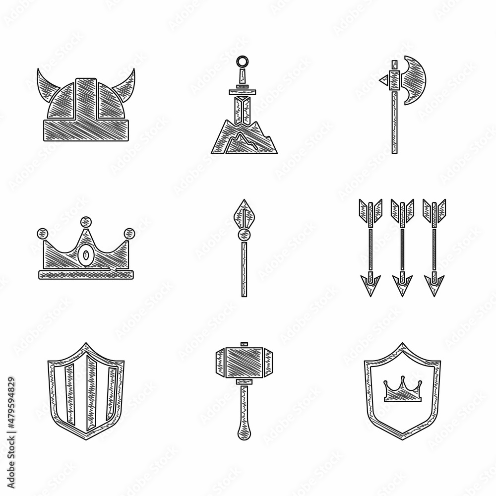 Canvas Prints set medieval spear, hammer, shield with crown, crossed arrows, king, axe and viking horned helmet ic