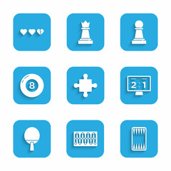 Set Puzzle pieces toy, Board game, Backgammon board, Sport mechanical scoreboard, Racket, Billiard pool snooker ball, Chess and Hearts for icon. Vector