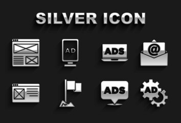 Set Location marker, Mail and e-mail, Advertising, Browser window, and icon. Vector