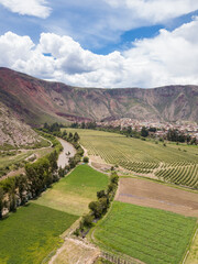Aerial view of Sacred Valley in Peru.  Rural scene in Urubamba city in Peruvian Andes.