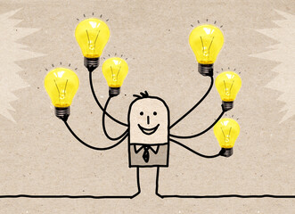 Cartoon Man with many Arms, holding many Light bulbs