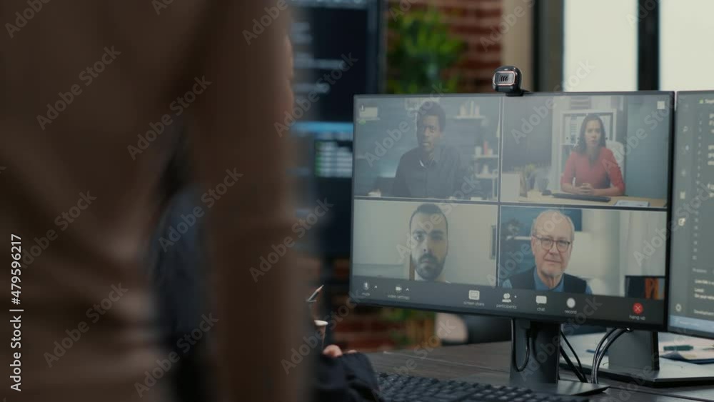 Poster it startup employee in video call conference with client team discussing coding project deadline. pr