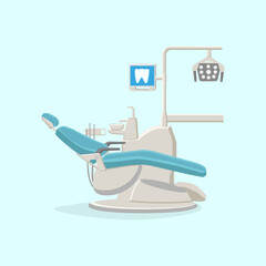 vector illustration for the holiday dentist day, dental chair on a turquoise background, for the design of advertising posters in dental centers