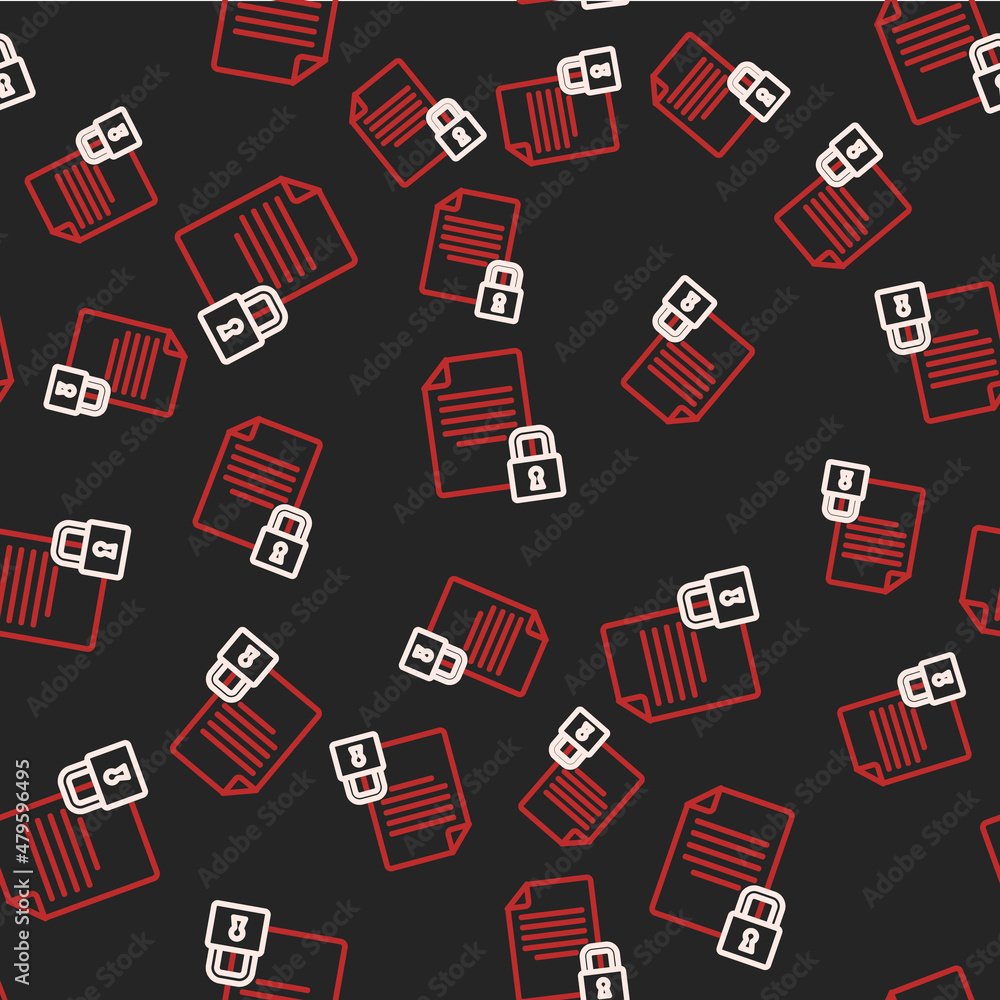 Poster line document and lock icon isolated seamless pattern on black background. file format and padlock. 