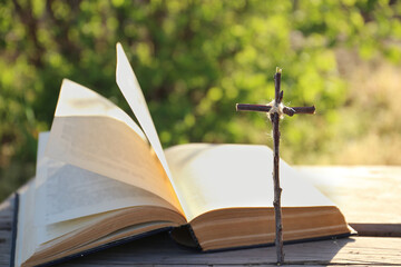 The Bible on the background of the cross and life-giving light