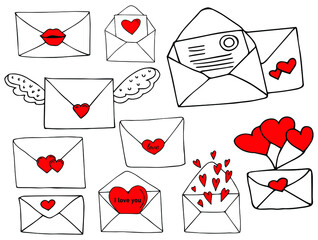 The envelope of the card contains a heart. Love letters in various media. hand drawn vector illustration for design. 