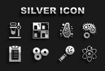 Set Cell division, Virus, Atom, Microorganisms under magnifier, Clinical record, Bacteria, Test tube flask stand and Periodic table icon. Vector
