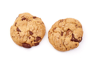 Chocolate chip cookies, isolated on white background.