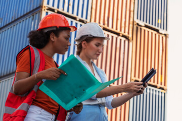 ฺBlack female engineer holding a folder and a white employee holding a tablet work together to...