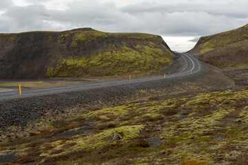 Icelandic road through lava fields and green moss
