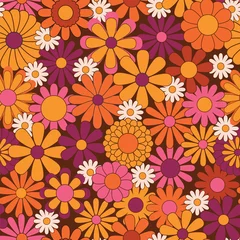 Behang Kleurrijk bloemen naadloos patroon. Groovy bloemen vector illustratie, hippie esthetiek. Grappige veelkleurige print voor stof, papier, elk oppervlakontwerp. Psychedelisch behang © Evgeniya Khudyakova