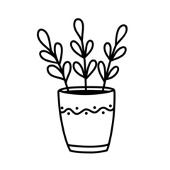 Cute potted plant. Twigs with leaves in a pot. Doodle. Contour of a home flower isolated on a white background.
