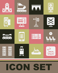 Set Smoking area, Waiting room, Railroad crossing, Bridge for train, Ticket office to buy tickets, Toilet the car, Railway station and Train traffic light icon. Vector