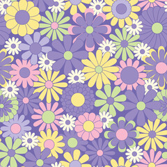Fototapeta na wymiar Colorful floral seamless pattern. Groovy flowers vector illustration, hippie aesthetic. Funny multicolored print for fabric, paper, any surface design. Psychedelic wallpaper