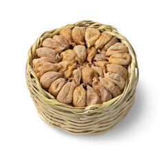 Traditional dried Turkish figs in a basket close up isolated on white background