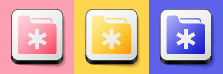 Isometric Medical health record folder for healthcare icon isolated on pink, yellow and blue background. Patient file icon. Medical history symbol. Square button. Vector