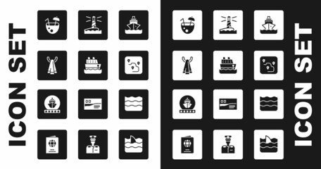 Set Cruise ship, Towel on a hanger, Coconut cocktail, Route location, Lighthouse, Wave and icon. Vector