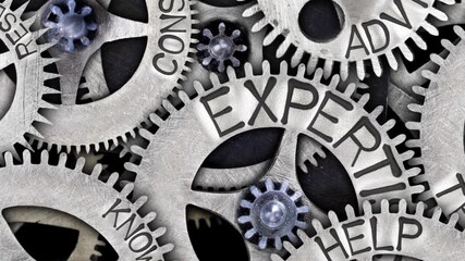 Group of rotating tooth wheels with Expertise, Advice, Research, Help and Consulting sign imprinted on metal surface. High quality 4k video.