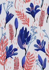 Patrón vectorizado de flores azules con ramitas rojas, Agapanto, flor del amor o corona del rey. Agapanthus africanus