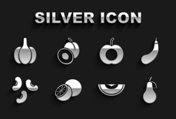 Naklejka premium Set Orange fruit, Eggplant, Pear, Melon, Beans, Peach, Garlic and Plum icon. Vector
