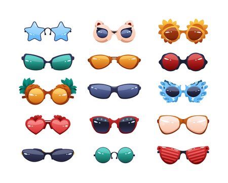 Party glasses. Cartoon funny fashion sunglasses with reflections. Round colorful summer spectacles. Different shapes eyewear. Plastic rims and sun protection lens. Vector accessories set