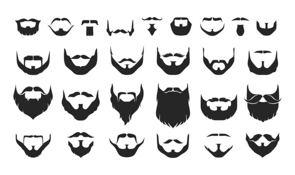 Black beard. Facial hair black silhouettes with different types of moustache and whisker. Barbershop and haircut graphic collection. Male portrait elements. Vector face decoration set