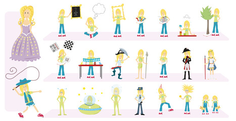 Collection girls in cartoon vector illustration