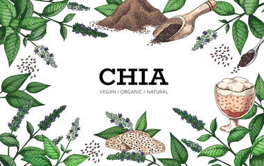 Fototapeta Chia framing. Restaurant and cafe superfood background with grains food. Natural products. Plants sketch. Flowers and leaves. Vegan desserts. Spoons with seeds. Vector hand drawn banner obraz