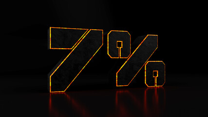 Digital outline of a orange 7% sign on a black background, 3d render illustration.