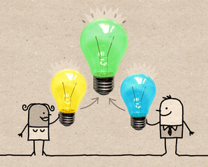 Cartoon Couple creating a new Idea with light bulbs
