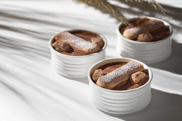 Tiramisu, traditional Italian dessert , with chocolate spoons.