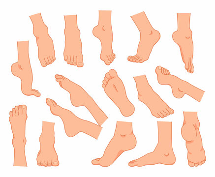 Human feet. Cartoon male and female body ankle elements. Barefoot with fingers. Pedicure illustration. Naked foot sole posing. Cosmetic skin care pedicure. Vector bare legs positions set