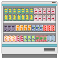 Set of soft drinks in aluminum cans with soda and lemonade on shelves in supermarket fridge. Carbonated non-alcoholic water with fruit flavors. Hand drawn vector illustration