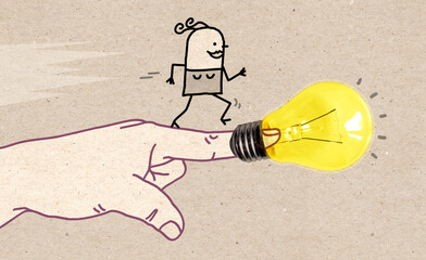 Big Hand with a Running Woman and Light bulb