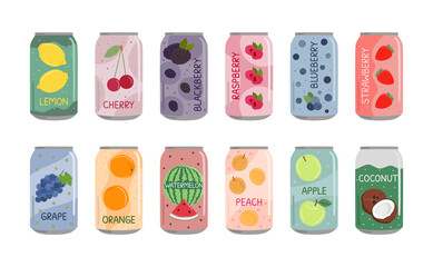 Set of soft drinks in aluminum cans with soda and lemonade. Carbonated non-alcoholic water with fruit and berry flavor. Hand drawn vector illustration
