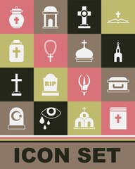 Fototapeta premium Set Holy bible book, Coffin with cross, Church building, Grave, Christian on chain, Funeral urn, and tower icon. Vector