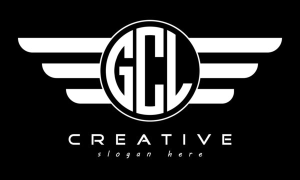 GCL three letter monogram type circle letter logo with wings vector template.