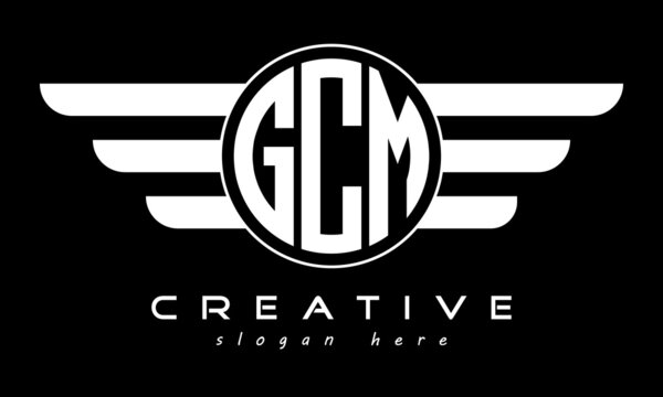 GCM three letter monogram type circle letter logo with wings vector template.
